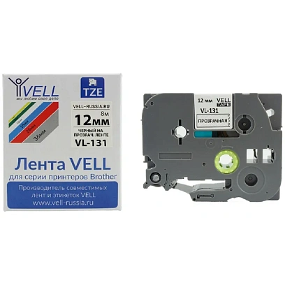 Картридж Vell VL-131 (Brother TZE-131, 12 мм, черный на прозрачном) для PT