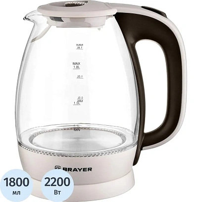 Чайник электрический BRAYER BR1045BN, 2200 Вт, 1,8 л, высококач. Стекло