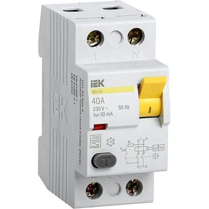УЗО выключатель диф. тока IEK ВД1-63 2п 40А 30мА тип AC MDV10-2-040-030