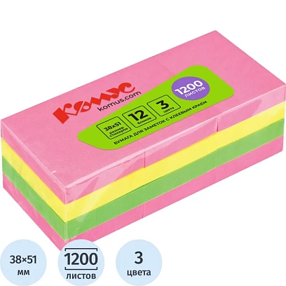 Стикеры КОМУС с клеев.краем 38х51 неон.цвета 12 блоков
