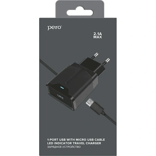 Зарядное устройство сетевое PERO TC04 1USB 2.1A + MICRO-USB CABLE черный