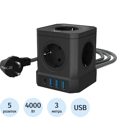 Сетевой фильтр AGNI  5р/3м,3USB 1TYPE-C,черный(TP-VE4U5E-C-3m-black)