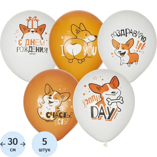 Набор шаров WHITE&ORANGE Корги СДР 5шт/уп в ассортимен M 12/30см 6073138