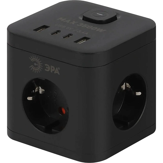 Удлинитель ЭРА CUBE-3es-1,5m-4USB-B 16А черный (Б0069074)