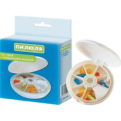 Таблетница на 7 дней ПИЛЮЛЯ с вращающейся крышкой, 1 шт