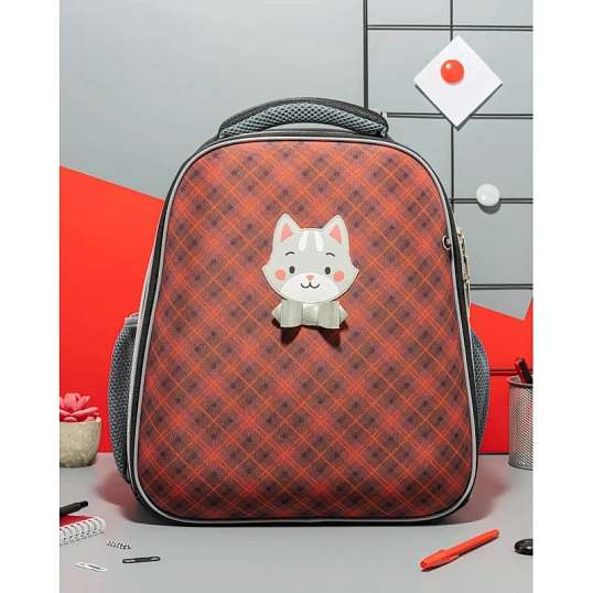 Ранец Комус Класс Basic Котик, клетка красный , 2 отд, эргоном спинка