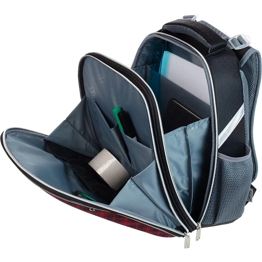 Ранец Комус Класс Basic Котик, клетка красный , 2 отд, эргоном спинка