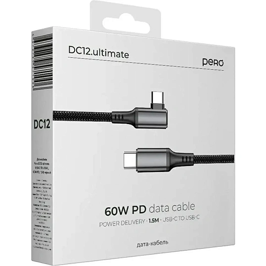Кабель PERO DC12 ULTIMATE PD Type-C to Type-C, угловой, 60W, 1.5m, Black