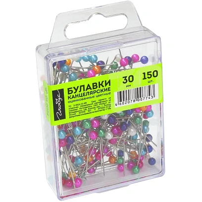 Булавки для пробковых досок Глобус 30 мм 150 шт цвет ассорти, пласт.бокс