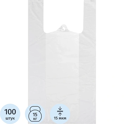 Пакет-майка ПНД, 28+15х54 см, белый, 15 мкм, Комус, 100шт/уп