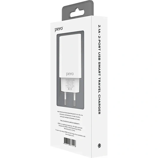 Зарядное устройство сетевое PERO TC02 2USB 2.1A белый