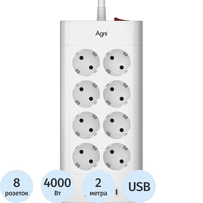 Сетевой фильтр AGNI 8р/2м,3USB,1TYPE-C 20W,белый(TP-FA4U8E-C-2m-white)