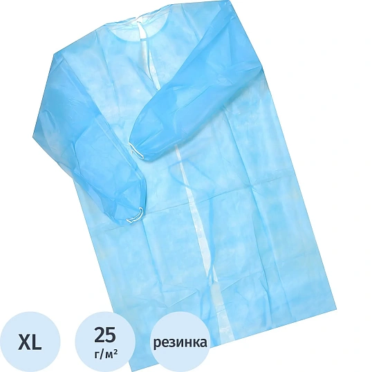 Халат н/с , на завязк, рук.рез, дл.110см, XL, пл 25, голуб, 10 шт/уп