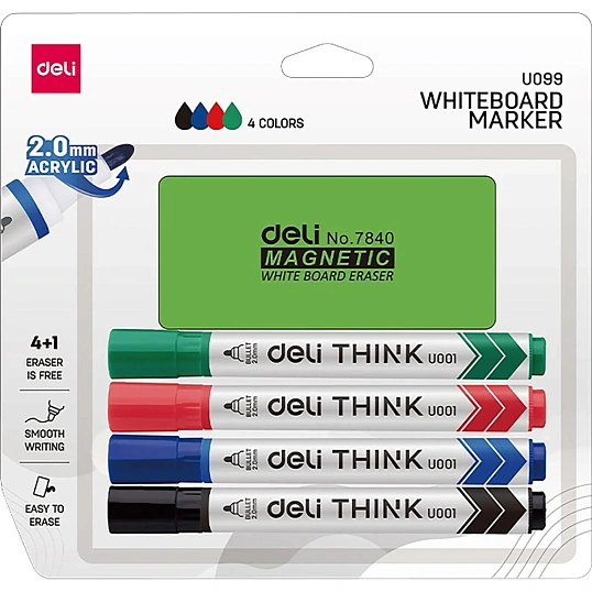 Набор маркеров для белых досок Deli EU099,со стир.,пулев.нак 2мм,4цв