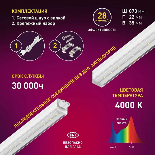 Фитосветильник для растений ЭРА FITO-14W-T5-Ra90 полного спектра 14 Вт Т5