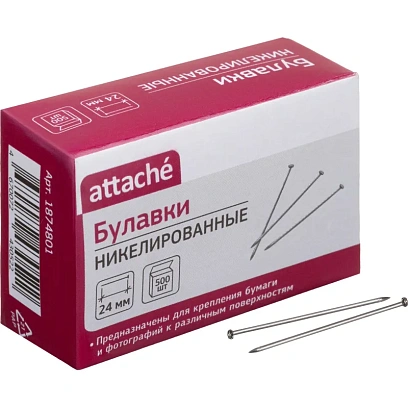 Булавки унив. ник. Attache, 24 мм, 500 штук, в картонной коробке