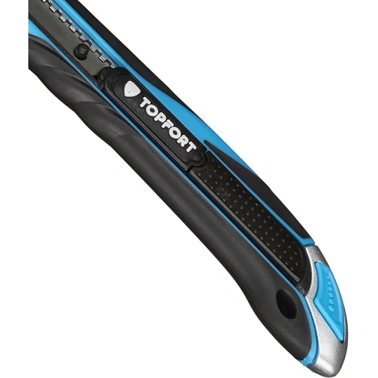 Нож универсальный TOPFORT 9мм с мет.напр.,дв.сист.выдв.+блок.лезв.,ABS+TPR