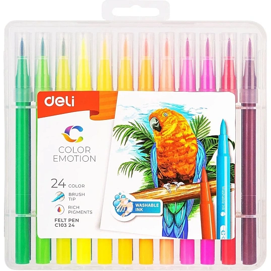 Фломастеры набор Deli Color Emotion кисть смываемые 24цв. пластик. Пенал