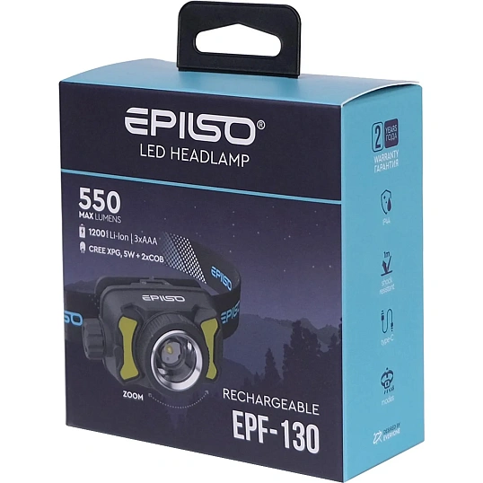 Фонарь EPILSO EPF-130 (налобный, CREE XPG 5W + 2COB, аккум. 1200mAh / ААА)