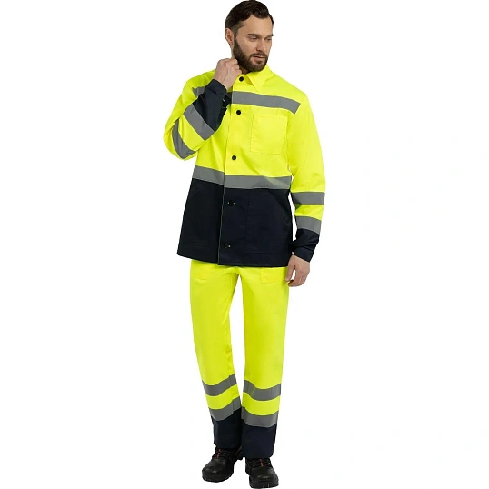 Костюм сигнальный летний муж (куртка,брюки) лс07 желт/т.син 96-100/182-188