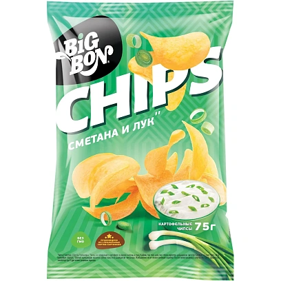 Чипсы BIGBON CHIPS из натурального картофеля со вкусом Сметаны и лука, 75г