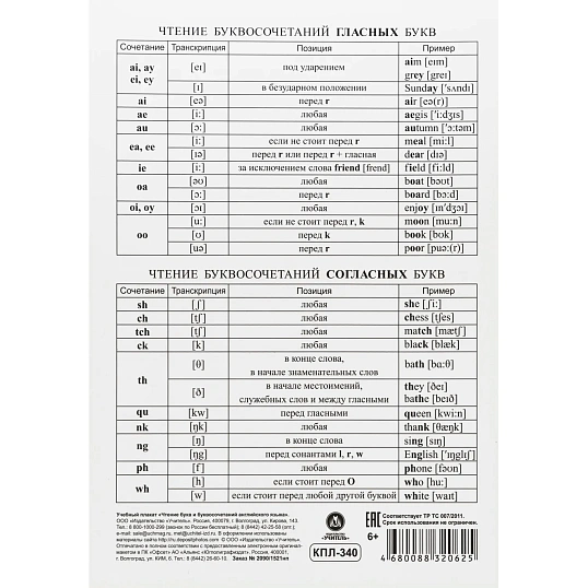Плакат (наб)  Английский язык. Начальная школа А4 КОМ-120