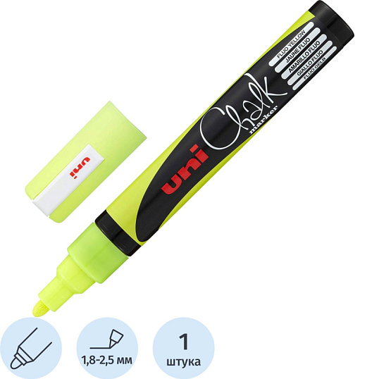 Маркер меловой UNI PWE-5M, флуоресцентно-жёлтый, 1.8-2.5 мм.
