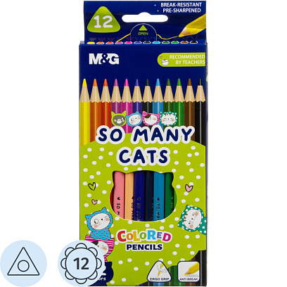 Карандаши цветные So Many Cats деревянные трехгранные, 12 цветов в наборе
