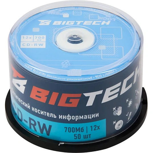Носители информации Bigtech YCDRWB001 CD-RW/700 МБ/12x/50шт/уп cake box