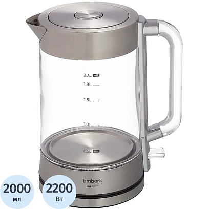 Чайник электрический Timberk T-EK27G04, стекло, 2200Вт, 2л, белый