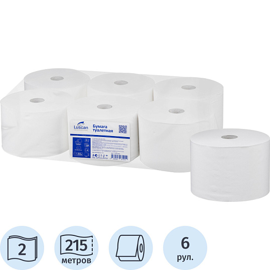 Бумага туалетная д/дисп Luscan Professional с ЦВ 2сл бел цел 215м 6 рул/уп