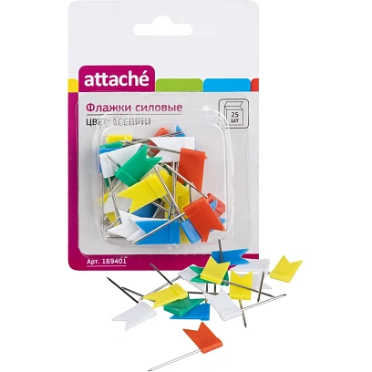Кнопки силовые д/пробковых досок Attache ФЛАЖКИ,пластик,европ,ассор,25шт/уп
