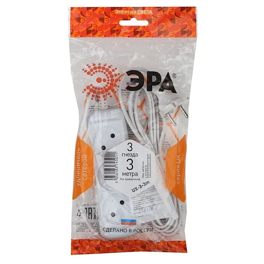 Удлинитель ЭРА, 3 роз/3м/2х0.75мм/6А/1300Вт, без заземл, белый, UX-3-3m(M)