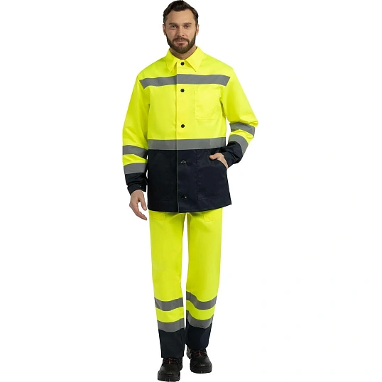 Костюм сигнальный летний муж (куртка,брюки) лс07 желт/т.син 96-100/182-188