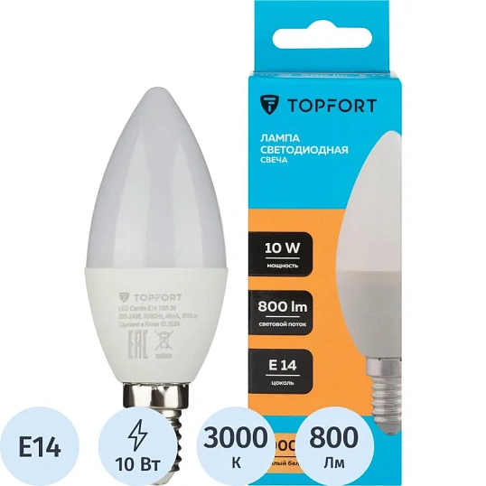 Лампа светодиодная Topfort E14 10W 3000K свеча