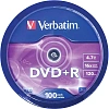 Носители информации DVD+R, 16x, Verbatim Azo Matt Silver, Cake/100, 43551