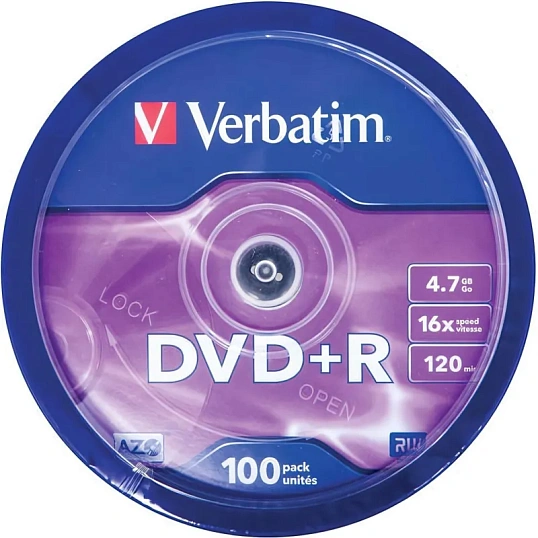 Носители информации DVD+R, 16x, Verbatim Azo Matt Silver, Cake/100, 43551