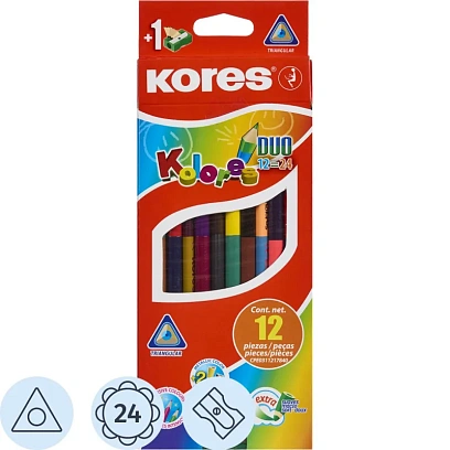 Карандаши цветные 24цв 12шт 3-гран,двустор с точилкой Kores 93212.