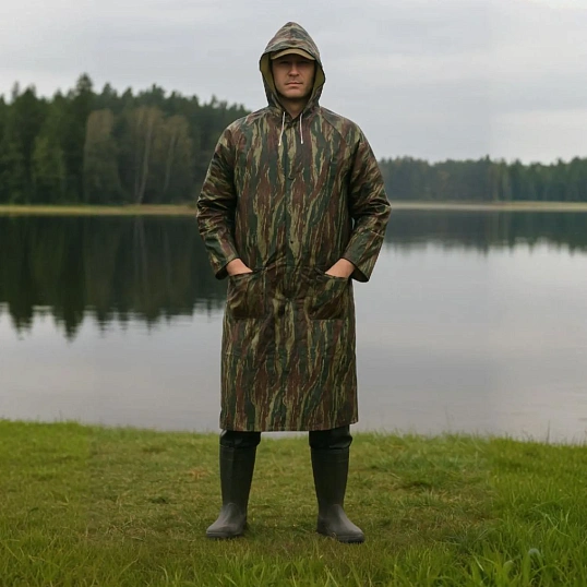 Плащ - дождевик с капюшоном, пластик, размер L, расцветка-камуфляж, 466637