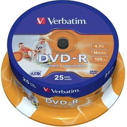 Носители информации DVD-R Printable, 16x, Verbatim Azo Wide, Cake/25, 43538