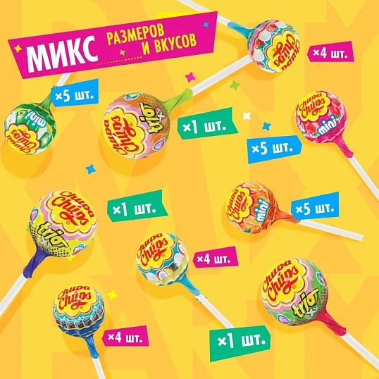 Карамель Chupa Chups PARTY PACK ассорти микс размеров и вкусов, пакет 321г