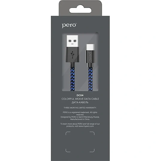 Кабель USB PERO DC-04 Type-C, 3А, 2м, Blue-black (Fast Charge)