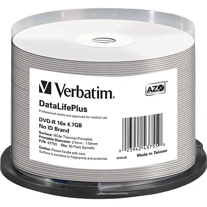 Носители информации DVD-R Verbatim 4.7Gb 16x Cake 50шт/уп Printable (43755)