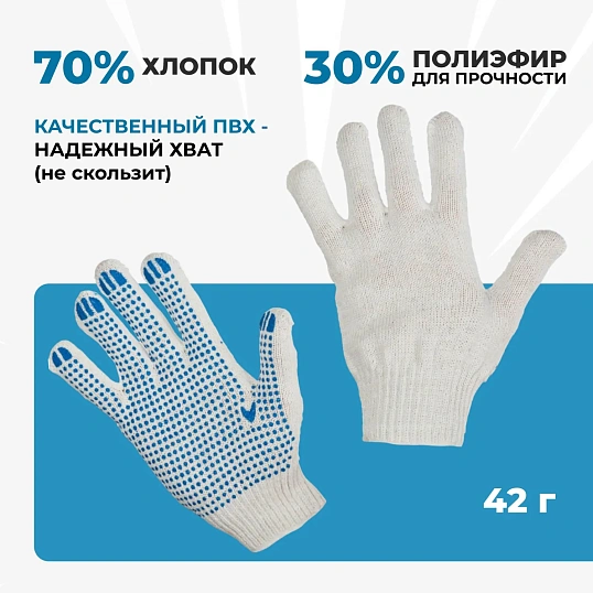 Перчатки защитные трикотажные с ПВХ Точка 4 нити 40-42гр 10кл (50 пар/уп)