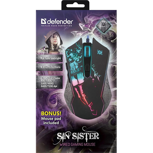 Мышь компьютерная Defender Sin'Sister GM-933 проводн.игр.6кн,7200dpi 52933