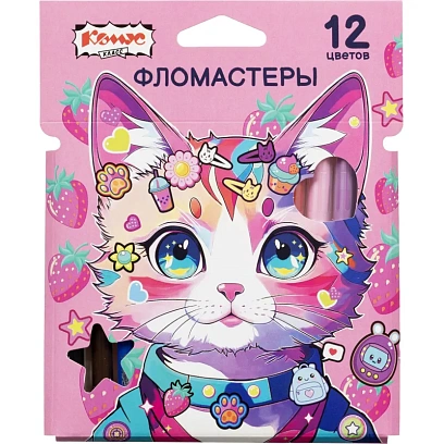 Фломастеры Комус Класс Kitty stickers 12цв. вентилир,смыв, картон.упак