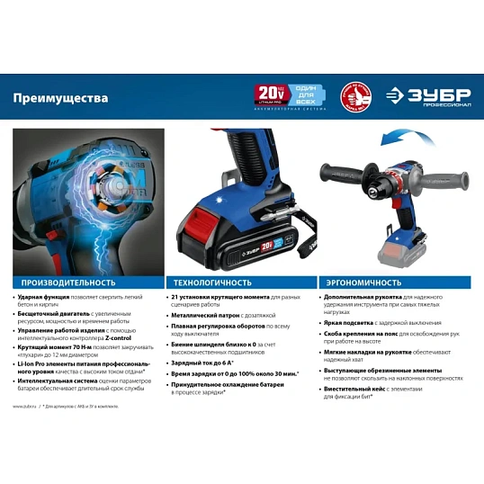 Дрель-шуруповерт аккум. бесщеточная ударная ЗУБР DBS-201-22, 20 В, 2 АКБ