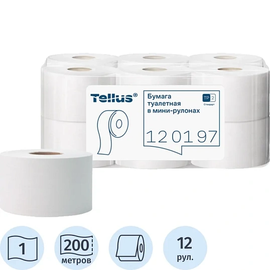 Бумага туалетная д/дисп.Торк/Tellus СтандарТ2 1сл бел втр200м12рул/уп120197