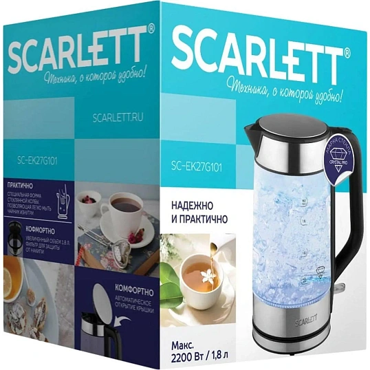 Чайник SCARLETT SC-EK27G101, 2200Вт, электрический 1.8л, стекло, сталь