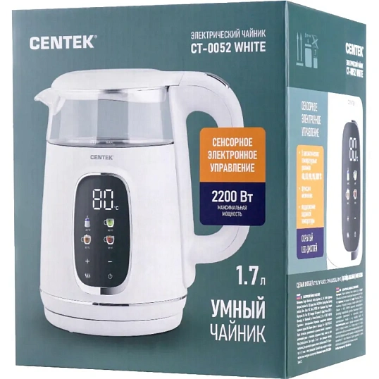Чайник Centek CT-0052 White 1,7л 2200Вт,2стенки LED-дисплей, 40/80/90/100С